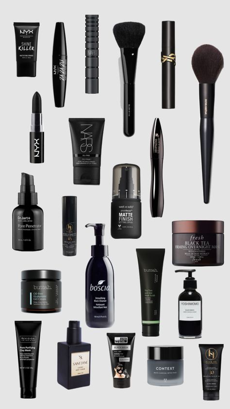 #emo #black #skincare #makeup #makeupwishlist #Cute #emogirl #fun Emo Makeup Products, Goth Makeup Brands, Gothic Skincare, Goth Self Care, Black Makeup Products, Goth Skincare, Girly Products, Black Skincare, Black Skin Care