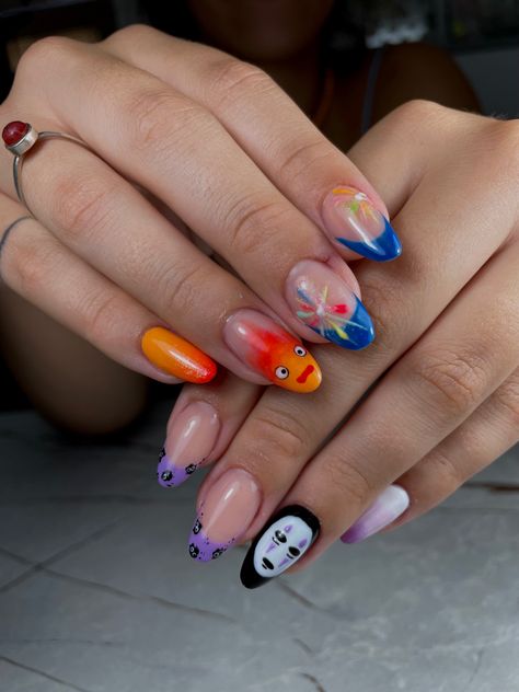 Nails. Nail Art. Calcifer. Stars. Howl and Sophie. spirits. Spirited away. Ponyo Nails Art, Miyazaki Nails, Beetles Nails, Ghibli Nail Art, Studio Ghibli Nail Art, Ponyo Nails, Howls Moving Castle Nails, Studio Ghibli Nails, Adventure Time Nails