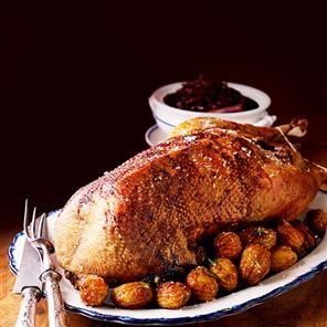 Roast goose stuffed with apples and prunes. Traditional Christmas fare. Delicious! Roast Goose Recipes, Vegetable Sauces, Spiced Red Cabbage, Cooked Goose, Roast Goose, Prune Recipes, Goose Recipes, Red Cabbage Recipes, Christmas Goose