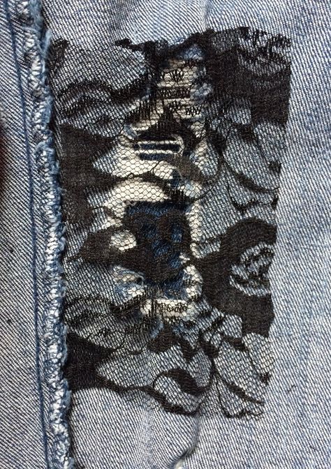 Hint of Blush: How to: Patch Jeans With Lace Lace Patches For Jeans Diy, Creative Jean Patching, Distressed Jeans Patching, Show Lace Jeans Hack, Jean Patches Ideas, Patch Leather Pants With Lace, Diy Lace Jeans, Patched Jeans Diy, How To Patch Jeans