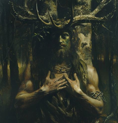 "Cernunnos" by Emile Corsi, 1912 Druidic Aesthetic, Cernunnos Aesthetic, Emile Corsi, Unseelie Court, Black Paintings, Maiden Mother Crone, Divine Purpose, Ancient Names, The Ancient One