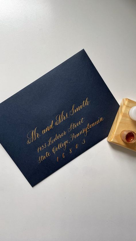 Create a luxurious look for your wedding invitations by upgrading to gold ink traditional calligraphy. Gold ink stands out on navy envelopes, black envelopes, burgundy envelopes, and any other dark color envelopes. Traditional Calligraphy, Ink Calligraphy, Navy Wedding Invitations, Black Envelopes, Elegant Calligraphy, Guest Experience, Navy Wedding, State College, Wedding Envelopes