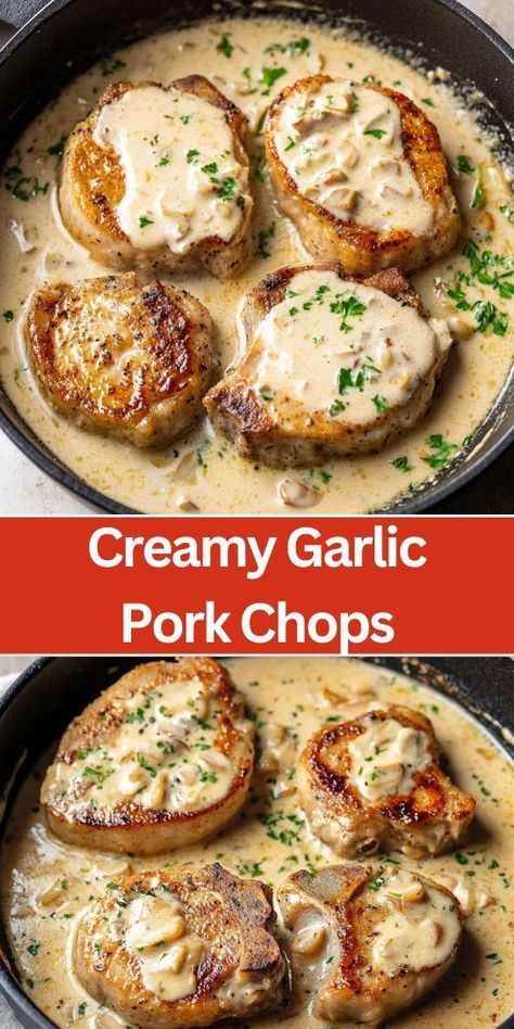 Looking for a quick and flavorful dinner idea? These creamy garlic pork chops are cooked to perfection in a rich, buttery garlic sauce. Perfect for weeknights or a special meal, this easy recipe is ready in under 30 minutes. Pair with mashed potatoes or veggies for a complete and delicious dinner everyone will love. Creamy Garlic Pork Chops, Quick Pork Chop Recipes, Buttery Garlic Sauce, Garlic Pork Chops, Best Pork Chop Recipe, Smothered Pork Chops Recipe, Deep Dish Pizza Recipe, Garlic Pork, Flavorful Dinner