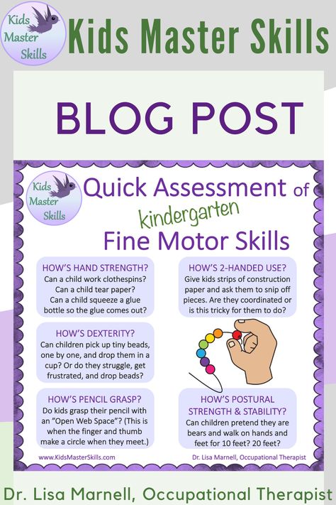 This kindergarten screening is for occupational therapists and teachers, with simple activities to assess children's fine motor skills. Although this is not an evaluation, it suggests tasks to see which students may be struggling. When children have difficulty with all or a few of these tasks, this may indicate some concern. These are the students to keep an eye on and to encourage with activities to improve hand strength and coordination. Kindergarten Fine Motor, Kindergarten Handwriting, Early Childhood Education Programs, Teaching Handwriting, Hand Strengthening, Motor Planning, Simple Activities, Pre Writing Activities, Activities Of Daily Living