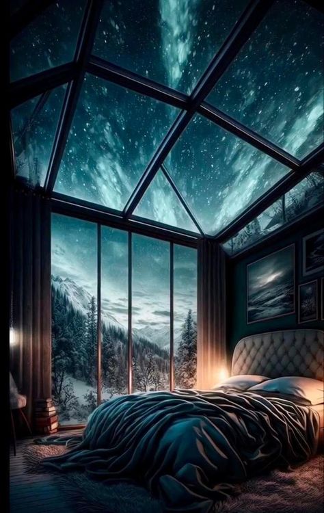 Window Above Bed, Futuristic Bedroom, Moon Window, Huge Windows, Above Bed, Bedroom Windows, Dark Skies, Winter House, Bedroom Themes