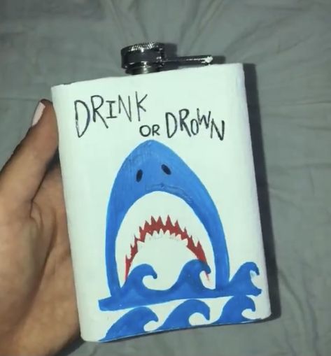 Sigma Chi formal in Lake Tahoe. Drink or drown handpainted fraternity formal date flask. Swimming pun. Shark. Shark week Flask Designs Diy, Frat Flask Painted, Formal Flask, Frat Bro, Painted Flask, Funny Flasks, Painted Coolers, Formal Cooler Ideas, Formal Cooler