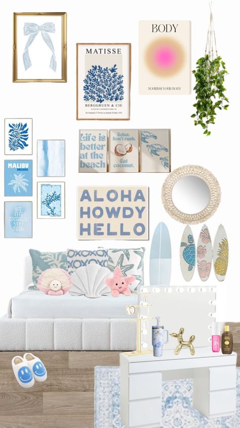 Beachy costal room inspo inspiration summer preppy blue pattern flower gold interior designer vanity Stockholm Beach Room Aesthetic Preppy, Beach Room Collage, Cute Beach Bedroom, Coastal Teenage Girl Bedroom, Dorm Room Beachy, Beach Room Makeover, Colorful Beachy Bedroom, Coastal Granddaughter Bedroom Decor, Beach Bedroom Ideas For Teens