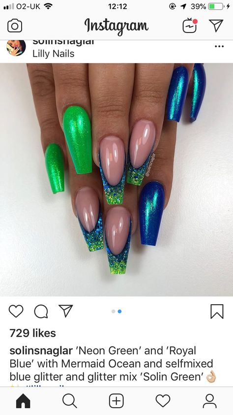 Blue Green Sparkle Nails, Mermaid Nails Blue Green, Neon Green And Teal Nails, Royal Blue And Green Nails, Seahawks Nails Design Blue Green, Royal Blue And Lime Green Nails, Green Sparkling Nails, Blue And Green Gel Nails, Navy Blue And Green Nails