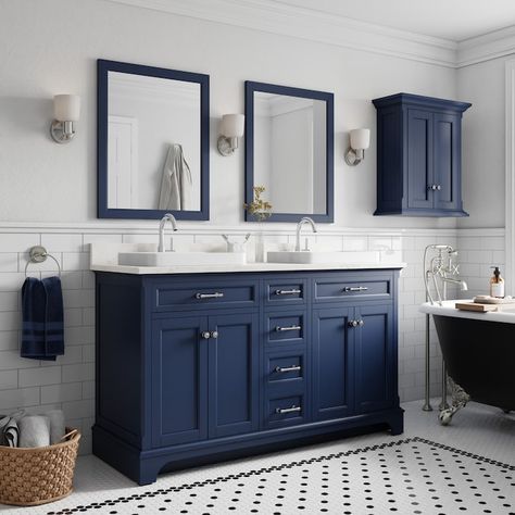 Blue Bathroom Walls, Dark Blue Bathrooms, Linen Storage Cabinet, Navy Blue Bathrooms, Navy Bathroom, Semi Recessed Sink, Blue Bathroom Vanity, Teal Bathroom, Bathroom Accent Wall