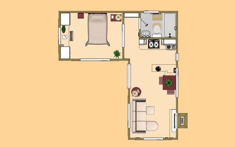 Floor Plan of the 400 sq ft "Guesste Haus" L Shape Studio Apartment Layout, Cozy Home Plans, Granny Flat Plans, L Shaped House Plans, Flat Plan, Studio Floor Plans, L Shaped House, Tiny House Camper, Cottage Floor Plans