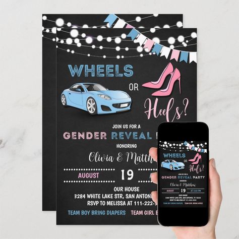 Wheels Or Heels Gender Reveal Shirts, Wheels And Heels Gender Reveal, Wheels Or Heels Gender Reveal, Baby Drink, Gender Reveal Shirts, Gender Reveal Party Invitations, Baby Drinks, Simple Baby Shower, Modern Baby Shower