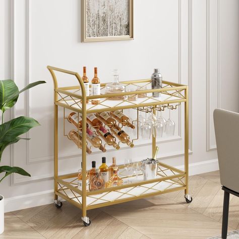 Luxurious Appearance Design: Golden metal frame gives the gold bar cart with wheels a noble appearance. The 2-layer storage design meets basic storage needs and makes the entire bar cart look simple and practical. Gold Bar Cart With Mirror, Wine Rack Glass Holder, Bar Serving Cart, Gold Bar Cart, College House, Marble Finish, Serving Cart, Wine Glass Rack, Glass Rack