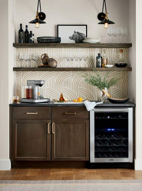 Bar With Floating Shelves, Back Bar Design, Home Depot Cabinets, Bar Design Home, Bar Nook, Home Wet Bar, Coffee Bar Design, Home Bar Design, Coffee Bars In Kitchen