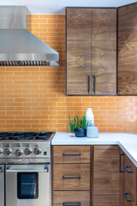 Rebecca Ward Design | purpose. beauty. inspiration. Mod Interior, Mid Century Modern Bedroom Design, Weekend Design, Latest Kitchen Trends, Unique Backsplash, Fireclay Tile, Walnut Cabinets, Orange Kitchen, Mid Century Modern Interiors