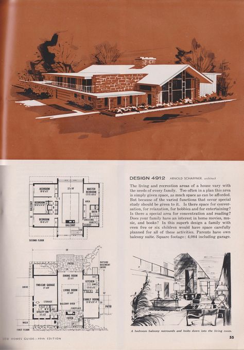 Mid Century Modern #architecture meets Swiss Chalet for an unlikely, but pleasant pairing in this vintage #mcm house plan Mid Century Modern Floor Plans 2 Story, Midcentury House Plans, Mid Century Modern Floor Plans, Mid Century Ranch House, Mid Century House Plans, Vintage Floor Plans, Mid Century Modern House Plans, Vintage Homes, Mid Century Ranch