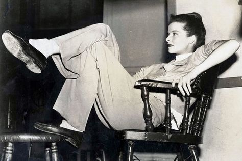 The Cut: 1947, US actress Katherine Hepburn relaxes between scenes of the making of a new Metro-Goldwyn-Mayer film  (Photo by Haynes Archive/Popperfoto/Getty Images) Sportswear Aesthetic, Blithe Spirit, Us Actress, Katherine Hepburn, Vintage Stars, Well Behaved Women, Jean Harlow, Slouchy Style, Hepburn Style