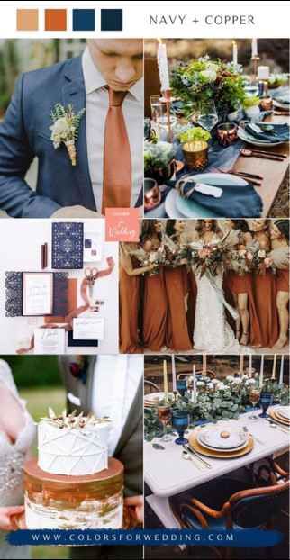 Photos Style and Décor | WeddingWire Navy Blue And Copper Wedding, Blue And Copper Wedding, Color Ideas Wedding, Copper Wedding Colors, Navy Wedding Colors, Fall Wedding Color Schemes, Rusting Wedding, Wedding Color Combinations, Navy And Copper