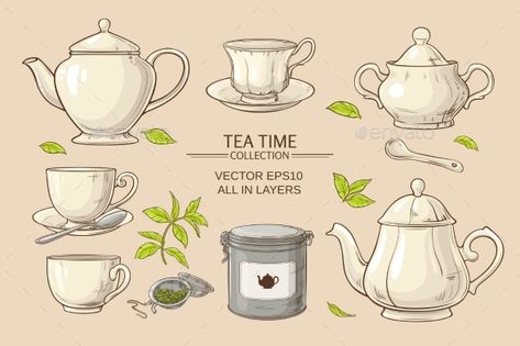 Vector setwith cups,teapot,sugar bowl, tin packaging and tea strainer on color background Dishes Clipart, Tea Pot Illustration, Teapot Drawing, Tea Cup Drawing, Tin Packaging, Tea Illustration, Powerpoint Charts, Tea Ideas, Building Drawing