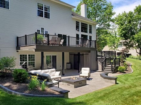 Ashwood TimberTech Deck / Stamped Concrete Patio - Phoenixville, PA | Sq Ft | Keystone Custom Decks Walkout Basement Patio, Patio Options, Under Deck Storage, Patio Under Decks, High Deck, Deck Landscaping, Under Deck, Deck Remodel, Deck Storage