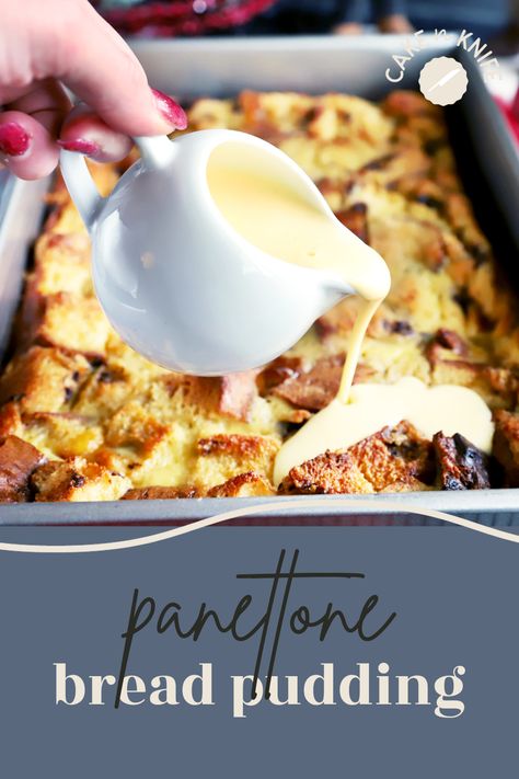 Panettone Bread Pudding is a whole new way to use the panettone bread that you have come to know and love this time of year. All the delicious flavors of the baked good are made that much more decadent in this bread pudding, served with a creamy creme anglaise. It's the ideal balance of sweet for dessert or even for a Christmas morning breakfast! Pannetone Bread Pudding Giada, Recipes Using Panatone Bread, Bread Pudding With Panettone, Bread Pudding Panettone Recipe, Panatone Bread And Butter Pudding, Bread Pudding Christmas, Pantone Bread Pudding, Panettone Bread Pudding Ina Garten, Easter Bread Pudding