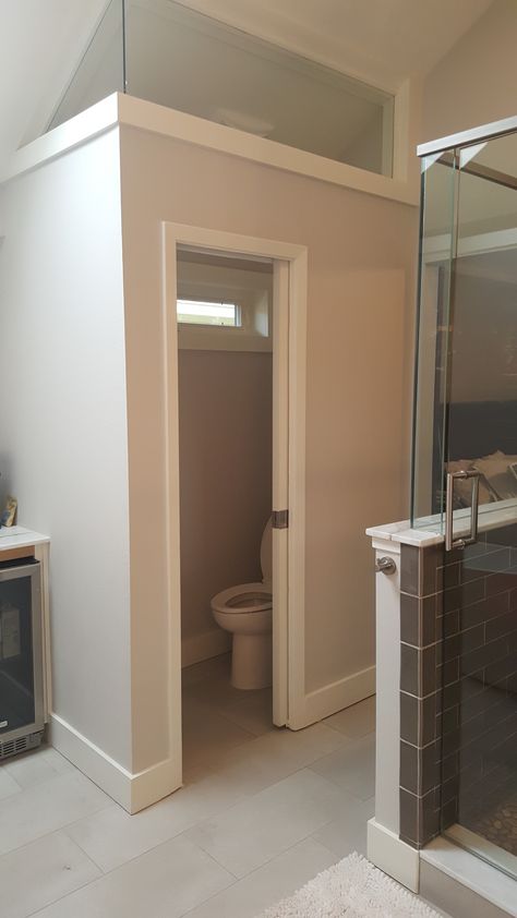 Transom Windows at Water Closet Pocket Door Pocket Door Toilet Room, Water Closet Size, Toilet Room Pocket Door, Toilet Closet With Window, Water Closet With Window, Small Water Closet Ideas Toilet Room, Water Closet Door, Clearstory Windows, Daycare Bathroom