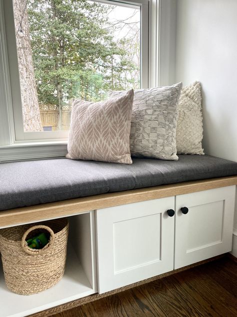 Modern Window Bench, Barn Door Window Seat, Long Storage Bench Window Seats, Curved Window Bench Seat With Storage, Storage Bench Bay Window, Window Bench With Wood Storage, Window Seat Decor, Dog Window Seat, Bench Window Seat