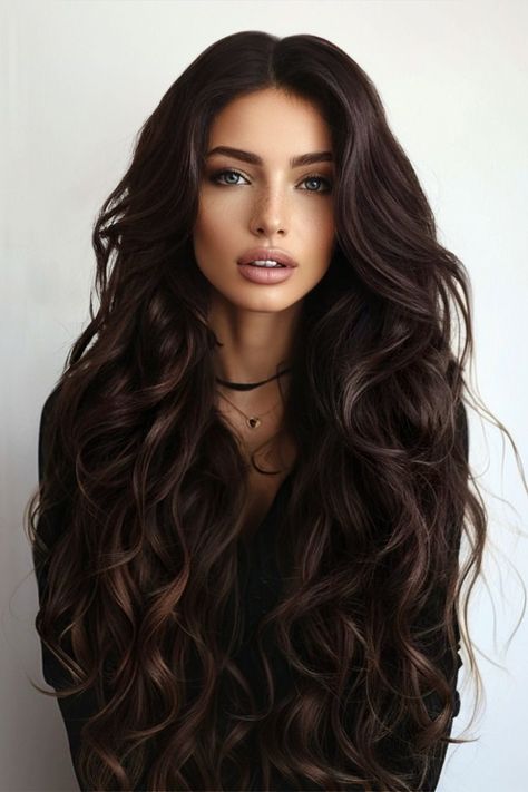 Long Haircuts Dark Hair, Romantic Curls Long Hair, Dark Brown With Black Highlights, Long Hairstyles Volume, Big Soft Curls For Long Hair, Breton Hair Long, Fall Hair Cuts For Long Hair, Mermaid Curls Long Hair, Wavy Formal Hair