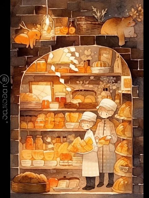 Kitchen Drawing Reference, Cute Bakery Drawing, Bakery Concept Art, Anime Bakery, Bread Wallpaper, Bakery Illustration, Bakery Art, Cozy Art, Whimsical Art Journal