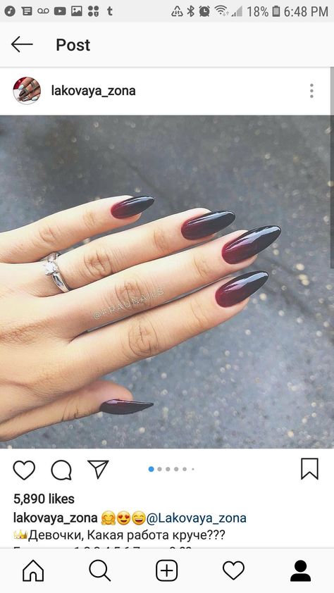 Ombre red and black almond nails Red And Black Almond Nails, Almond Nails Red, Black Ombre Nails, Black Almond Nails, Red Ombre Nails, Ombre Manicure, Nails Ombre, New Nail Designs, Almond Shape Nails