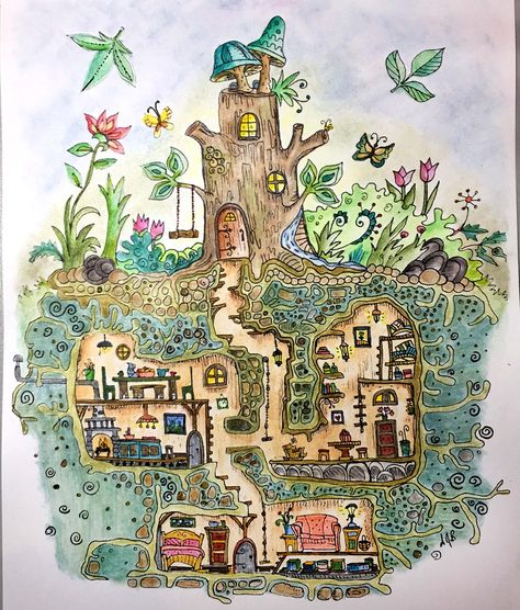 Fairy Tale Village Illustration, Gnome Village Art, Fairy Room Drawing, Whimsical House Painting, Cute Village Drawing, Fairy Town Drawing, Gnome Village Drawing, Gnome House Drawing, Fairy Village Drawing