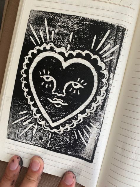 Block print of heart with face Block Print Tattoo, Tradition Tattoo, Block Print Art, Block Printing, American Traditional, Traditional Tattoo, Tattoo Art, Art Art, Block Print