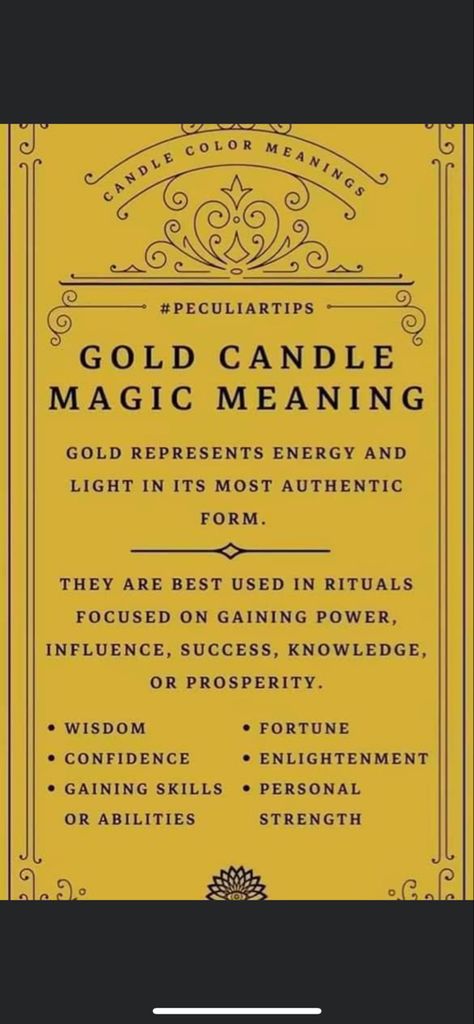 Credit: The Fae Wytch on facebook. Gold Candle Magic, Candle Meanings, Candle Color Meanings, Candle Meaning, Good Luck Spells, The Fae, Luck Spells, Gold Candle, Color Meanings