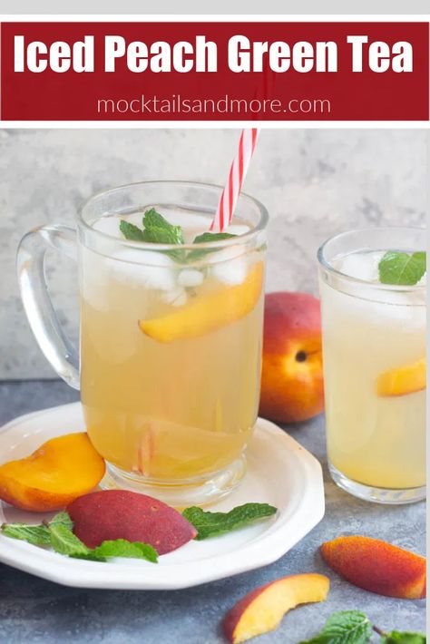 Iced Peach Green Tea Recipe • Mocktails And More Peach Green Tea Recipe, Iced Peach Green Tea, Peach Green Tea Lemonade, Green Tea Lemonade, Peach Green Tea, Green Tea Recipes, Iced Green Tea, Mint Lemonade, Peach Lemonade