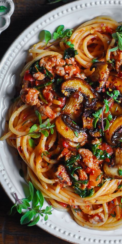 Sausage and Mushroom Pasta on a plate. Julias Album Recipes, Recipes With Sausage And Peppers, Julias Album, Pasta With Tomatoes And Spinach, Sausage And Mushroom Pasta, Sausage Mushroom Pasta, Julia's Album, Casserole Pasta, Sausage Mushroom