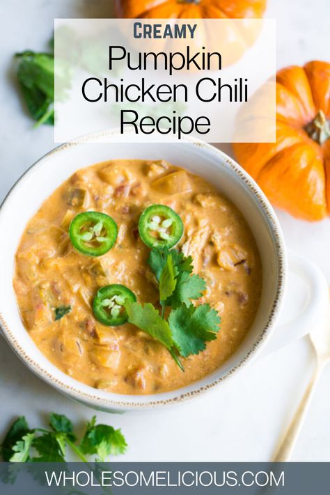 Pumpkin Chili Healthy, Creamy Pumpkin Chicken Chili, Pumpkin White Chicken Chili, White Pumpkin Chili, Pumpkin Chicken Chili Crockpot, Bbq Chicken Chili, Chicken Pumpkin Chili, Pumpkin Chicken Chili, Creamy Chili