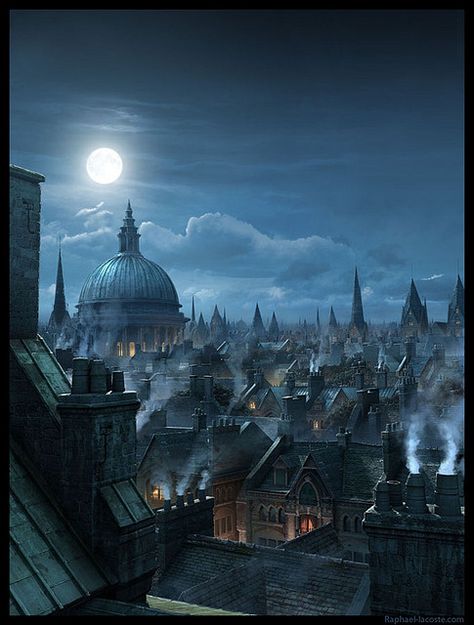 London Rooftops  done for Annie Leibovitz Disney ad "Year of a Millon Dreams"  (London Rooftops by El Rafo, via Flickr) London Rooftops, العصور الوسطى, Peisaj Urban, Victorian London, City At Night, Fantasy City, Have Inspiration, Fantasy Places, Matte Painting