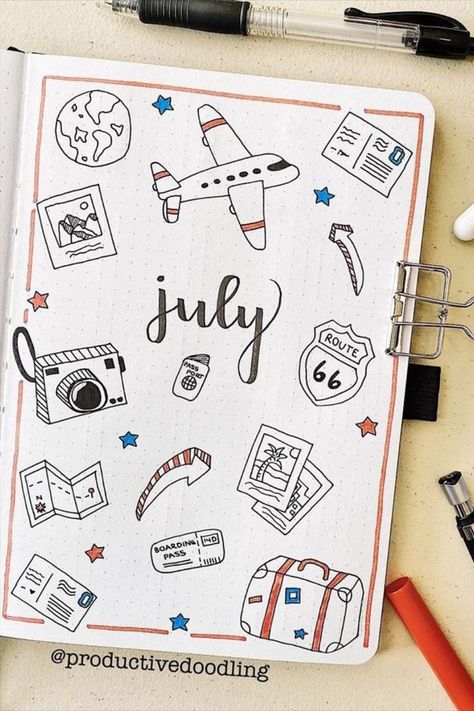 Summer Bullet Journal Cover Ideas Summer Bullet Journal Cover, Bujo Cover Ideas, Journal Front Page Ideas, Monthly Spread Bullet Journal, Month Bullet Journal, Journal Front Page, Bullet Journal Month Cover, Summer Bujo, Summer Bullet Journal