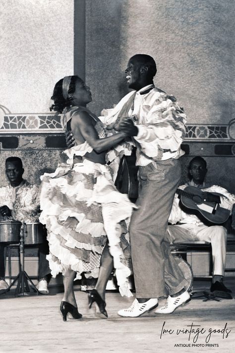 Print made from 1930s vintage photo with dancing couple on stage with musicians.  As Puerto Rican and Cuban migration surged in the 1930s, the U.S. saw its first major Latin music and dance craze. New York ballrooms exploded with the sounds of "rhumba", a version of Afro-Cuban son adapted for East Coast ballrooms.  High resolution scan was retouched using digital editing software to remove dust, tears, scratches and other blemishes as well as improve exposure and clarity without sacrificing char Couple On Stage, Vintage Cuba, Black Dancers, Afro Cuban, Dancing Couple, Music And Dance, Black Americana, Swing Dancing, Swing Dance