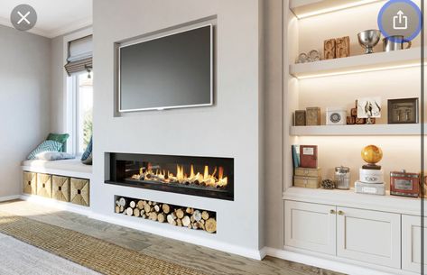 Built In Cupboard Next To Fireplace, Tv Wall With Window On One Side, Tv Wall With Windows Either Side, Granite Shelf, Bespoke Shelving, Modern Fireplace Ideas Living Rooms, Fireplace And Tv, Fireplace Feature Wall, Fire Wall