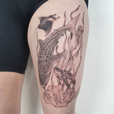 under the sea tattoo by sydney based tattoo artist @dalriadatattoos [via insta] #underthesea #turtletattoo #whaleshark #sharktattoo #mantaray #jellyfish Underwater Tattoo Sleeve Black And White, Leg Sea Tattoo, Leg Ocean Tattoo, Sea Turtle Hip Tattoo, Jellyfish Arm Tattoos For Women, Sea Based Tattoos, Celestial Ocean Tattoo, Under Ocean Tattoo, Mermen Tattoo