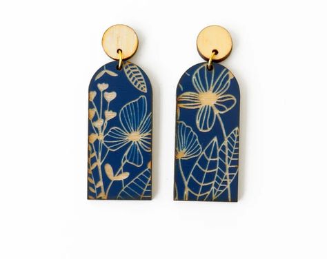 UsingShapes - Etsy Greece Hand Painted Earrings Wood, Dark Blue Earrings, Cloisonne Earrings, Flowers Earrings, Hand Painted Gifts, Hand Painted Earrings, Wood Designs, Wooden Flowers, Earrings Flower