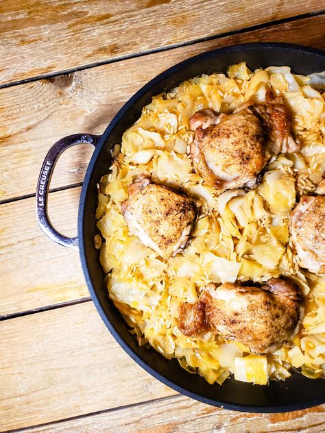 This SIMPLE CABBAGE AND CHICKEN THIGH SKILLET is a great weeknight meal! It is a quick dinner with barely any dishes everyone will love.⁠ ⁠ https://scrambledandscrumptious.com/simple-cabbage-and-chicken-thigh-skillet/ Chicken Thigh Skillet, What To Make With Chicken, Chicken Thigh Fillet Recipes, Creamed Cabbage, Chicken Thighs Dinner, Braised Cabbage, Chicken And Cabbage, Meal Train Recipes, Roasted Chicken Thighs