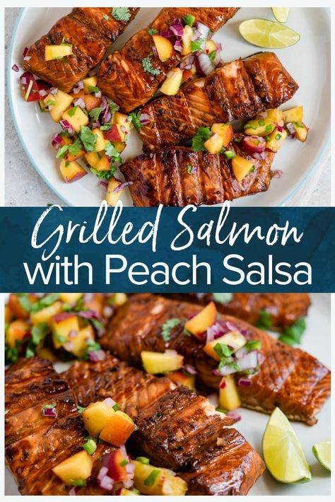 Grilled Salmon Fillet, Sweet Salmon, Peach Salsa Recipes, Salmon Marinade, Grilled Salmon Recipes, Salmon Fillet, Peach Salsa, Baked Salmon Recipes, Grilled Peaches