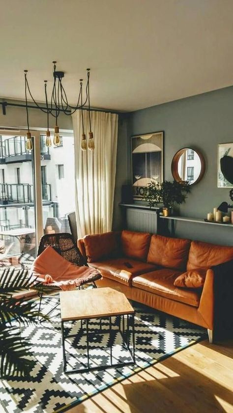 mid century modern dark moody industrial living room decor brown leather sofa olive green wall big window Living Room Color Combination, Design Interior Modern, Room Color Combination, Living Room Wall Color, Room Wall Colors, Interior Modern, Elegant Living Room, Elegant Living, Room Decorations