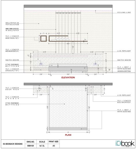 Bed Interior Design Ideas, Detailed Drawings Interior Design, Bed Design Detail Drawing, Bed Structure Design, Bed Elevation Design, Interior Design Working Drawings, Bed Working Drawing, Bed Design Drawing, Interior Working Drawings