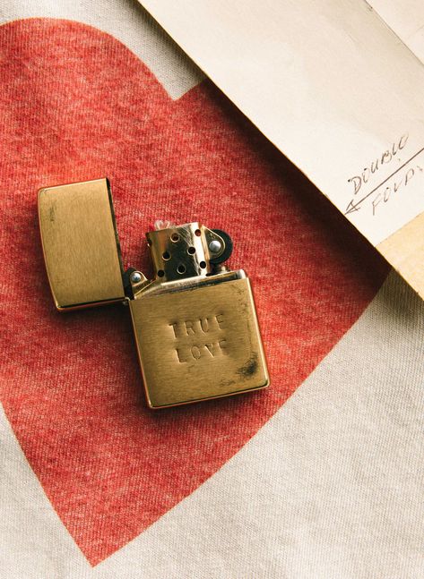 hand stamped "true love" zippo – imogene + willie Heart Shaped Paper, Zippo Art, Libra Rising, Aquarius Moon, Imogene Willie, Cool Lighters, Lighter Fluid, Zippo Lighter, Gold Light