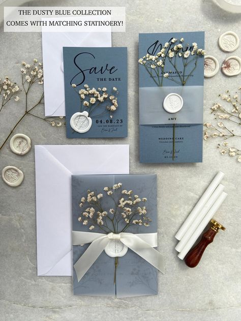 Dusty Blue Wedding Invites, Dusky Blue Wedding Theme, Dark Dusty Blue Wedding, Dusty Blue Wedding Palette, Save The Date Vellum, Blue Gypsophila, 2023 Invitation, Dusty Blue Wedding Theme, Dusky Blue Wedding