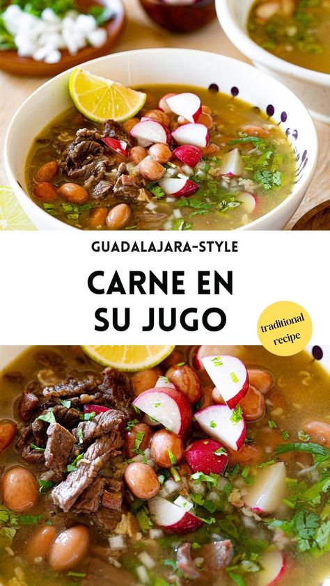 collage of carne en su jugo with text overlay Carne Guisada Recipe Mexican, Mexican Food Recipes Beef, Mexican Beef Stew, Mexican Stew, Mexican Food Dishes, Bean And Bacon Soup, Traditional Mexican Food, Mexican Beef, Mexican Breakfast Recipes