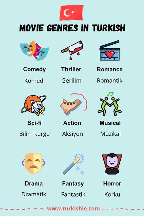 movie genres vocabulary in Turkish by Turkishle Studying Languages, Turkish Grammar, Turkish Movie, Learning Turkish, Glowing Skin Secrets, Turkic Languages, Turkish Lessons, Learn Turkish Language, Learning Languages Tips