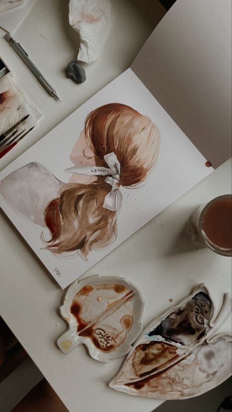 Watercolour Hair Painting, Watercolour Hair Tutorial, How To Watercolor Hair, Watercolor Hair Painting, Painting Hair Acrylic, Water Colour Painting Ideas Inspiration, Watercolour Painting Aesthetic, Aesthetic Watercolour Painting, Watercolor Hair